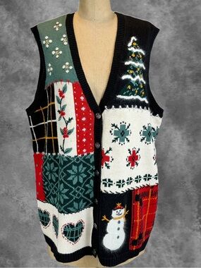 VINTAGE 90s Christmas holiday knit sweater cardigan vest snowman festive‎ party